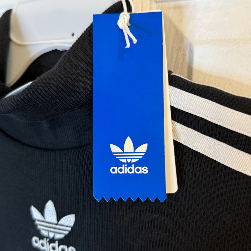 Adidas originals Mock Neck‎ Top Ribbed 3 Stripe Tee Shirt Ruffle Trim Black XS - Picture 6 of 12